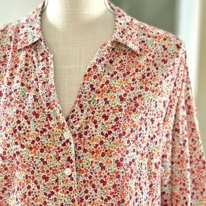 Rebecca Malone Red Orange Floral Cotton 3/4 Sleeve Blouse Large